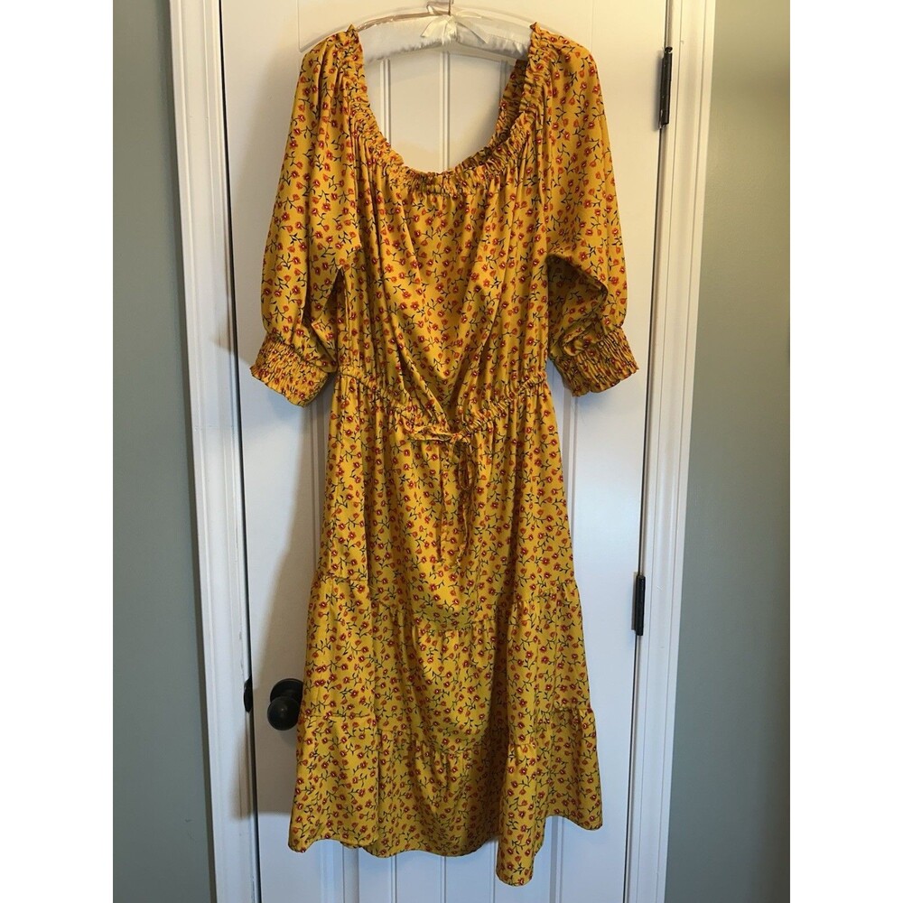 Indulge in Style 1X Yellow Floral Boho Midi Dress Smocked Cottagecore Chic - Picture 3 of 13